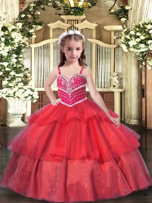 Sleeveless Floor Length Beading and Ruffled Layers Lace Up Kids Pageant Dress with Red