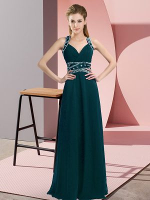 Peacock Green Empire Beading Prom Dress Backless Chiffon Sleeveless Floor Length