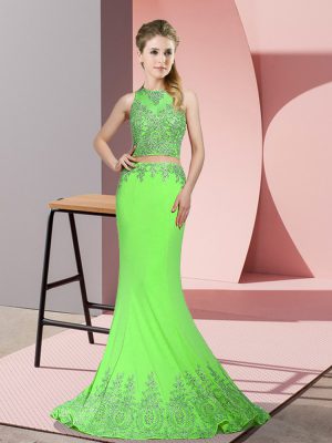 High-neck Sleeveless Homecoming Dress Sweep Train Beading and Appliques Satin