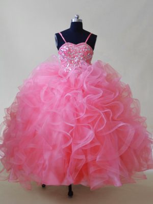High End Sleeveless Tulle Floor Length Lace Up Pageant Gowns For Girls in Pink with Beading and Ruffles
