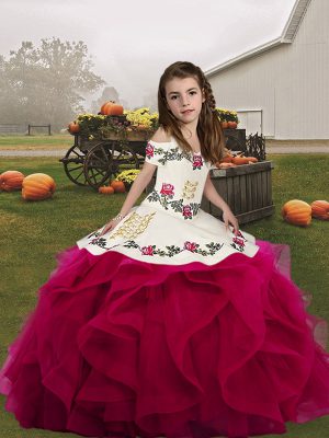 Customized Fuchsia Organza Lace Up Child Pageant Dress Sleeveless Floor Length Embroidery and Ruffles