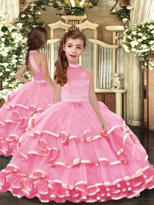 Pink Sleeveless Floor Length Beading and Ruffled Layers Backless Girls Pageant Dresses