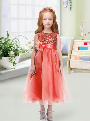 Organza Sleeveless Tea Length Toddler Flower Girl Dress and Sequins and Hand Made Flower