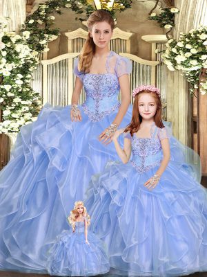 Lavender Ball Gowns Strapless Sleeveless Organza Floor Length Lace Up Beading and Ruffles Ball Gown Prom Dress