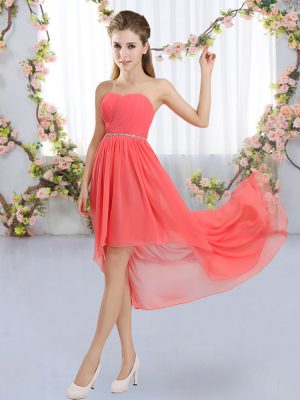 Customized Watermelon Red Bridesmaid Gown Wedding Party with Beading Strapless Sleeveless Lace Up