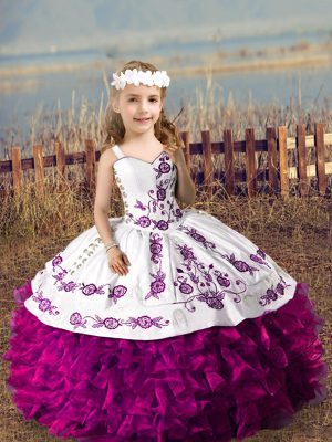 Sleeveless Lace Up Floor Length Embroidery and Ruffles Little Girls Pageant Gowns