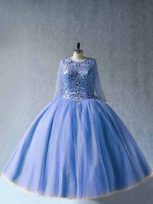 Modern Blue Long Sleeves Tulle Lace Up Sweet 16 Dresses for Sweet 16 and Quinceanera