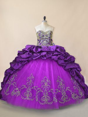 Nice Purple Sweetheart Lace Up Beading and Pick Ups Sweet 16 Dress Brush Train Sleeveless