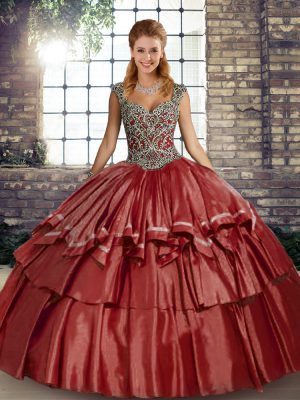 Rust Red Sleeveless Taffeta Lace Up Quince Ball Gowns for Military Ball and Sweet 16 and Quinceanera