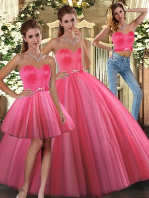 Sleeveless Tulle Floor Length Lace Up 15 Quinceanera Dress in Coral Red with Beading