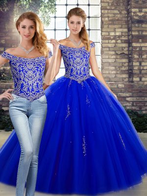 Chic Royal Blue Off The Shoulder Lace Up Beading 15 Quinceanera Dress Sleeveless