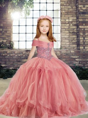 Attractive Watermelon Red Tulle Lace Up Pageant Gowns For Girls Sleeveless Floor Length Beading