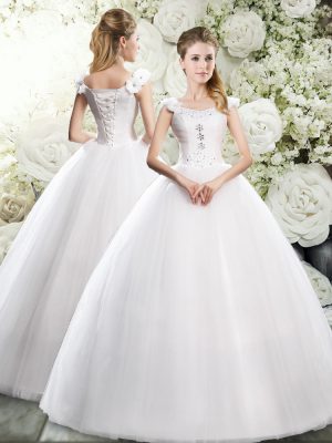 Amazing White Tulle Lace Up Wedding Dress Sleeveless Floor Length Beading and Hand Made Flower