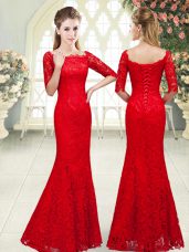 Red Mermaid Beading Evening Dress Lace Up Lace 3 4 Length Sleeve Floor Length