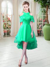 Glittering Turquoise Zipper High-neck Lace Tulle Short Sleeves
