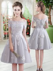 Grey Off The Shoulder Neckline Appliques Prom Dress Short Sleeves Lace Up