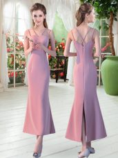 Sweet Sleeveless Satin Ankle Length Zipper Prom Gown in Pink with Ruching