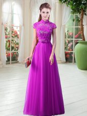 Modest Purple Tulle Lace Up High-neck Cap Sleeves Floor Length Evening Dress Appliques and Belt