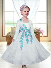 White Lace Zipper Straps Sleeveless Ankle Length Toddler Flower Girl Dress Embroidery