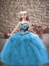 Floor Length Lace Up Little Girls Pageant Gowns Baby Blue for Party and Wedding Party with Embroidery and Ruffles