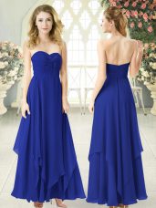 Superior Royal Blue Sleeveless Ankle Length Ruching Zipper Prom Party Dress