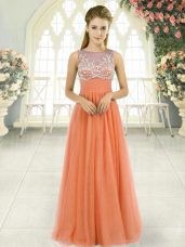 Great Floor Length Orange Dress for Prom Tulle Sleeveless Beading