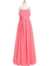 Classical Watermelon Red Zipper Prom Dress Pleated and Hand Made Flower Sleeveless Floor Length