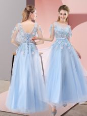Light Blue Scoop Lace Up Appliques Prom Dress Short Sleeves