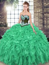 Beautiful Sweetheart Sleeveless Quinceanera Gown Sweep Train Embroidery and Ruffles Green Organza