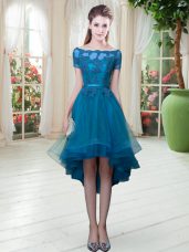 Trendy Off The Shoulder Short Sleeves Tulle Evening Dress Appliques Lace Up
