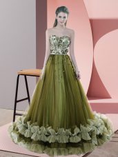 Adorable Olive Green Sleeveless Sweep Train Beading and Appliques Evening Gowns