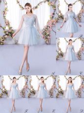 Grey A-line Tulle Scoop 3 4 Length Sleeve Lace Mini Length Lace Up Court Dresses for Sweet 16