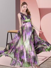 Multi-color Empire Printed V-neck Sleeveless Pattern Floor Length Lace Up Prom Evening Gown