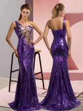 Purple Sleeveless Sequined Sweep Train Lace Up Prom Party Dress for Prom and Party and Military Ball