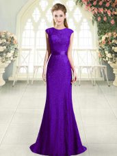 Dark Purple Prom Gown Lace Sweep Train Sleeveless Beading