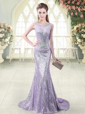 Scoop Sleeveless Evening Outfits Brush Train Beading Lavender Sequined