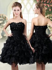 Black Side Zipper Dress for Prom Beading and Appliques and Ruffles Sleeveless Mini Length
