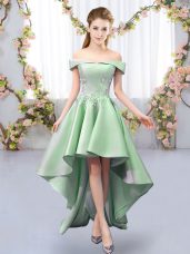 Green Satin Lace Up Dama Dress for Quinceanera Sleeveless High Low Appliques