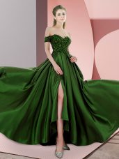 Luxurious Green Prom Evening Gown Elastic Woven Satin Sweep Train Sleeveless Beading