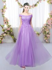 Glorious Lavender Empire Tulle Off The Shoulder Sleeveless Lace Floor Length Lace Up Court Dresses for Sweet 16