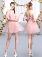 Exceptional Pink Scoop Neckline Appliques Quinceanera Court of Honor Dress Half Sleeves Lace Up