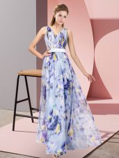 V-neck Sleeveless Prom Dress Floor Length Pattern Multi-color Printed
