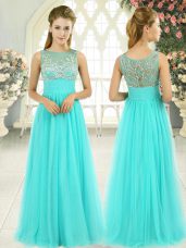 Comfortable Aqua Blue Sleeveless Floor Length Beading Backless Homecoming Dress