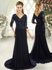Discount Navy Blue Prom Gown Prom and Party and Military Ball with Beading and Lace and Appliques V-neck Half Sleeves Sweep Train Zipper