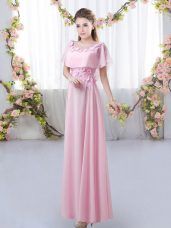 Fantastic Rose Pink Empire Appliques Bridesmaid Dress Zipper Chiffon Short Sleeves Floor Length