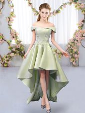 Graceful Yellow Green Satin Lace Up Off The Shoulder Sleeveless High Low Quinceanera Dama Dress Appliques