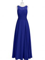 Royal Blue Empire Lace and Pleated Prom Party Dress Zipper Chiffon Sleeveless Floor Length
