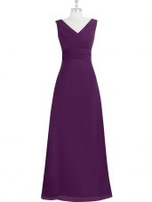Delicate Sleeveless Chiffon Floor Length Zipper Evening Dress in Eggplant Purple with Ruching