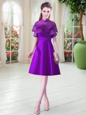 Sweet Eggplant Purple High-neck Neckline Ruffled Layers Cap Sleeves Lace Up