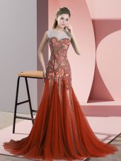 Charming Scoop Sleeveless Evening Dress Sweep Train Beading Rust Red Tulle
